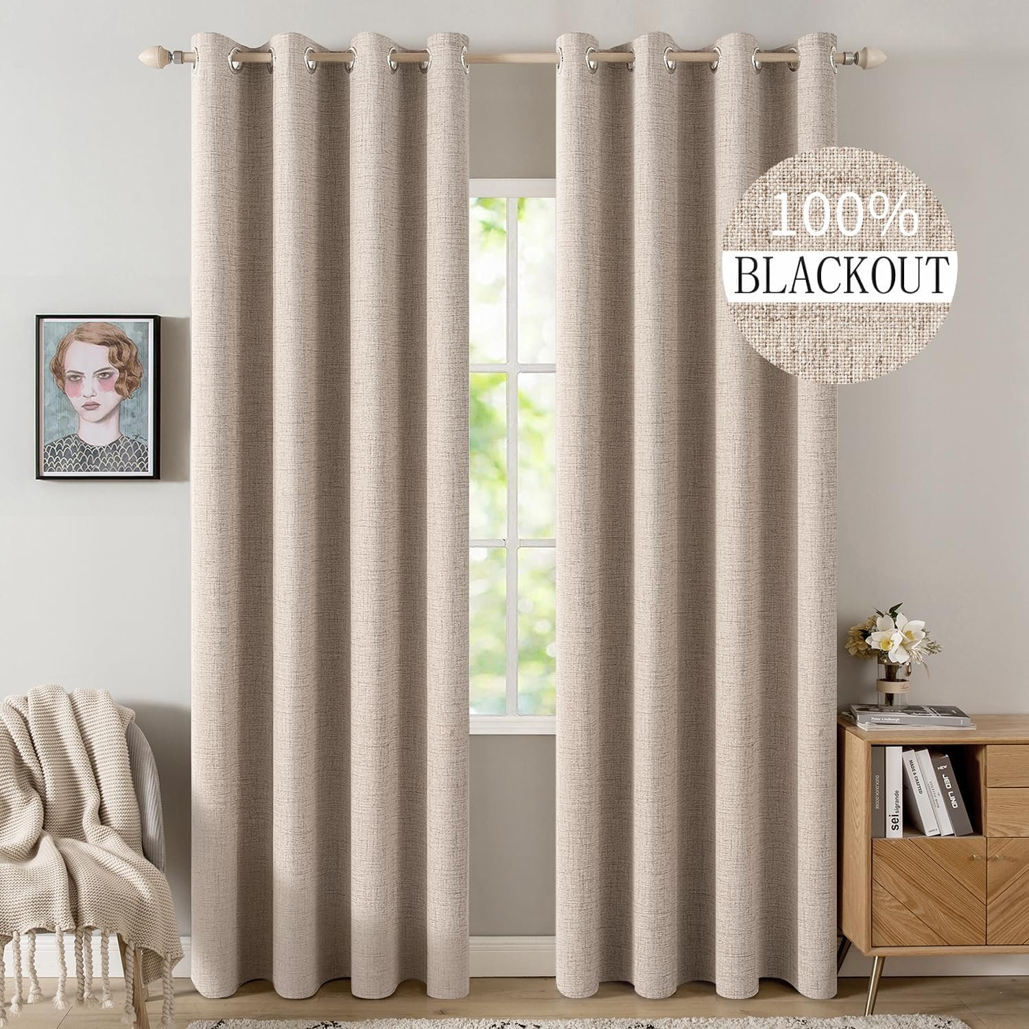MIULEE 100% Blackout Linen Curtains for Bedroom 52×90 Inches Natural Beige | Room Darkening, Light Blocking, Thermal Insulated, Grommet Top, Linen Textured, Window Curtains for Living Room, 2 Panels