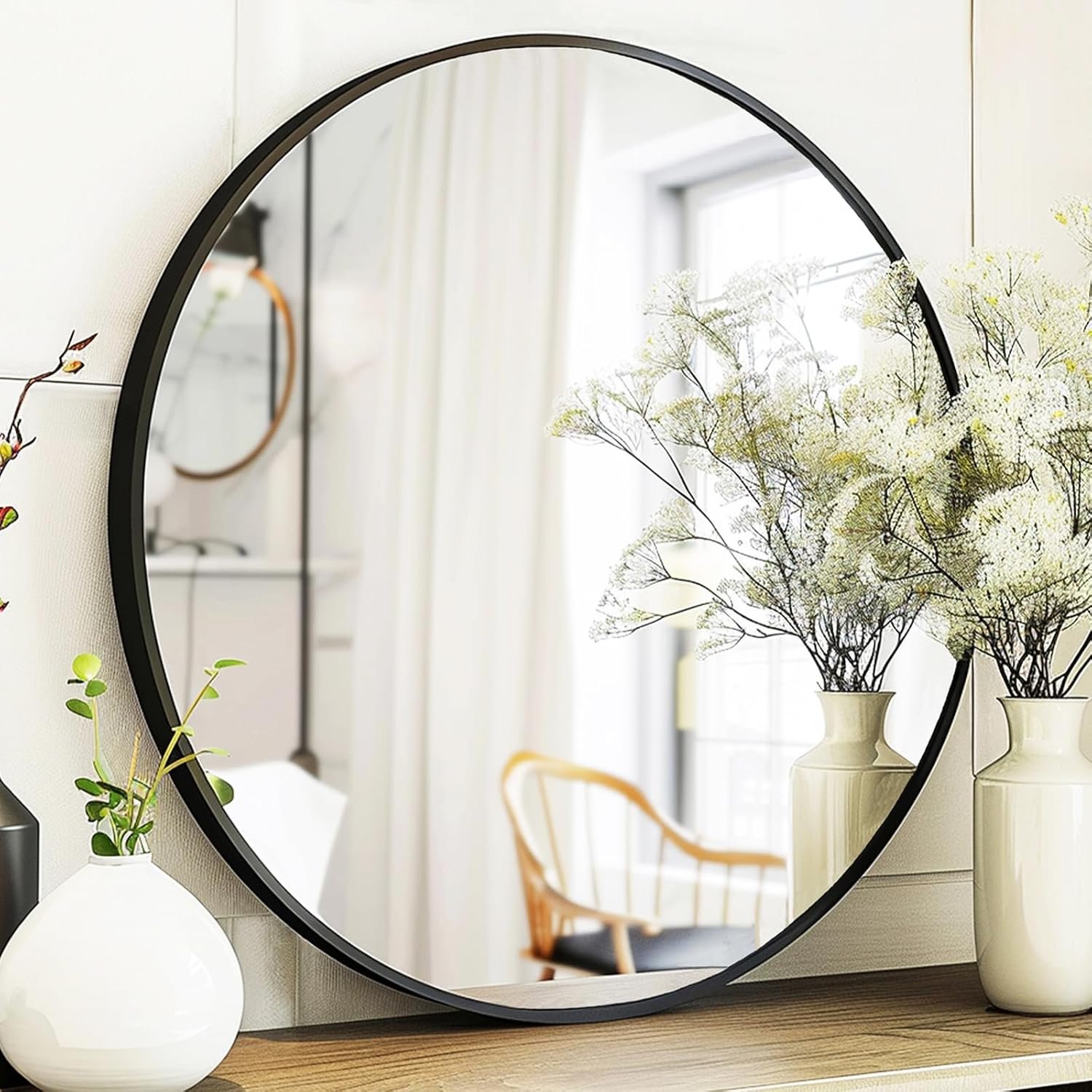 Round Mirror 22 inch, Black Circle Mirror, Round Wall Mirrors Matte Metal Frame, Circle Mirrors for Living Room, Bathroom, Wall, Entryway, Rustic.