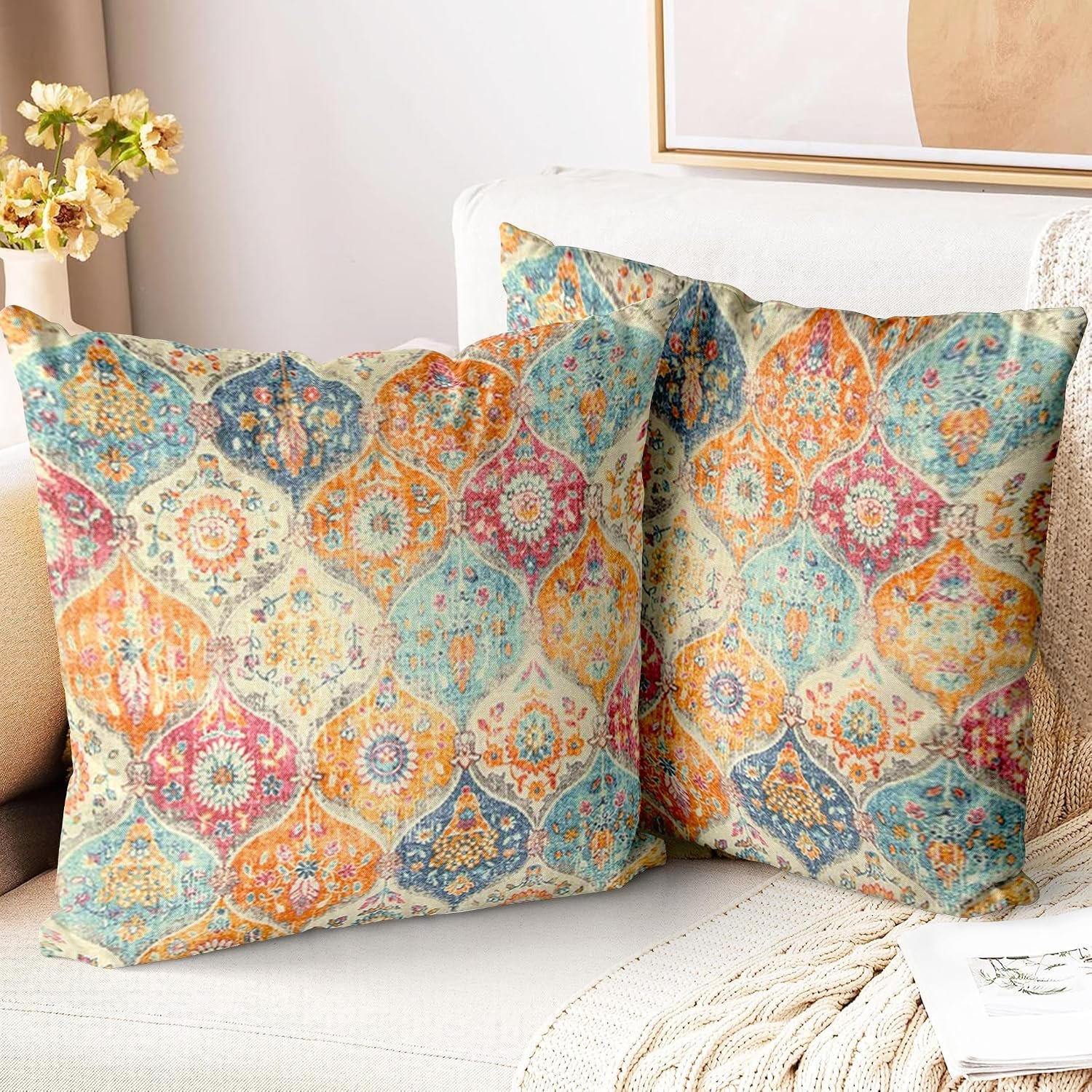 Boho Throw Pillow Covers 20×20 inch Set of 2,Soft Pillowcases Bohemia Carpet Printing Pattern Decorative Sofa Living Room Bed Square Pillow Case Cushion Cover-Cream Color