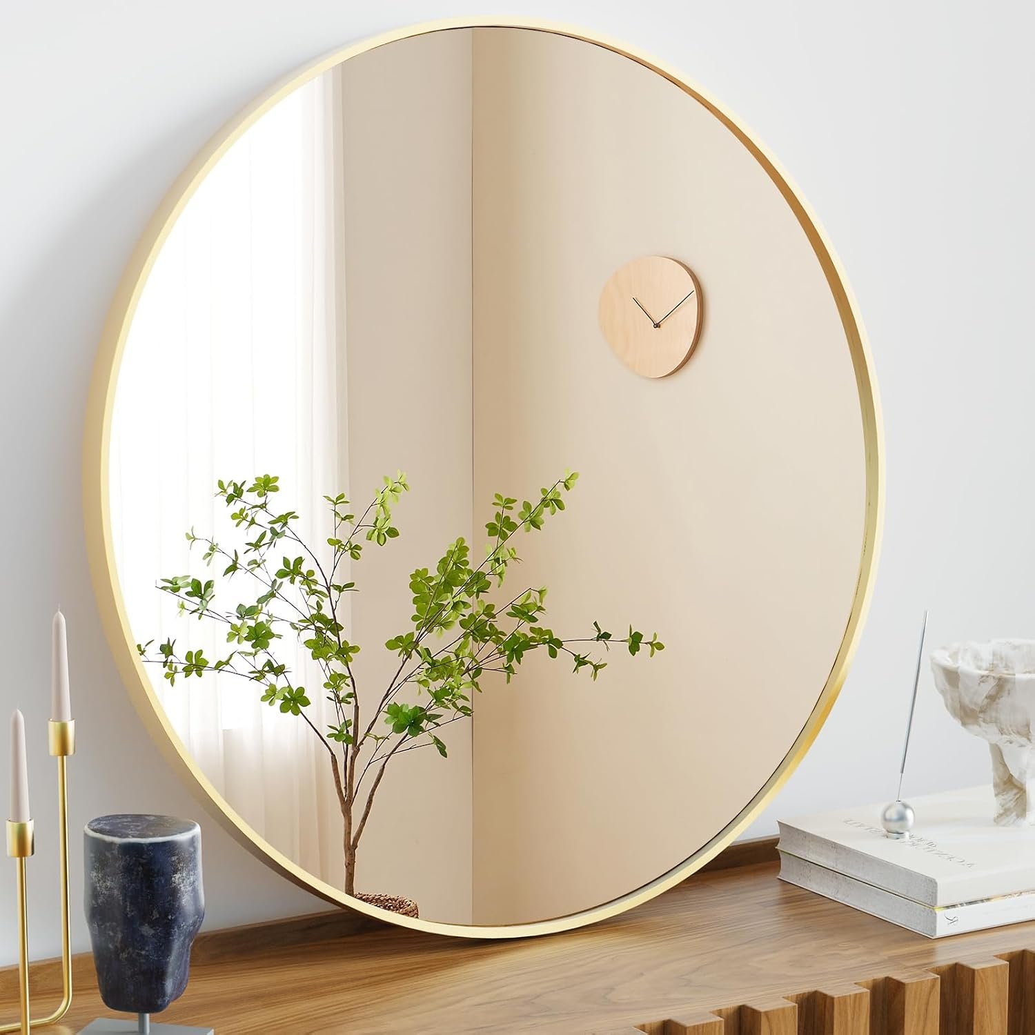 Sweetcrispy 24 in Round Bathroom Wall Mirror, Vanity Mirrors for Over Sink | Matte Metal Frame, Mirros for Entryway, Bedroom, Home Decor, Hang Mounted Frame, Gold
