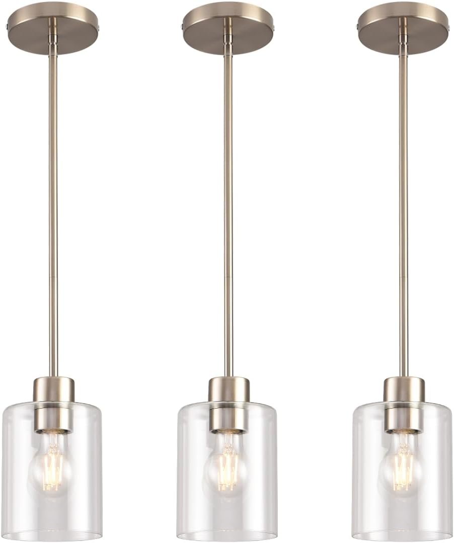 Brushed Nickel Pendant Lights Kitchen Island – Clear Glass Pendant Light Fixture Multiple Stems Rods 3 Units 12 Inch 3 Units 4 Inch (3 Pack Brushed Nickel)