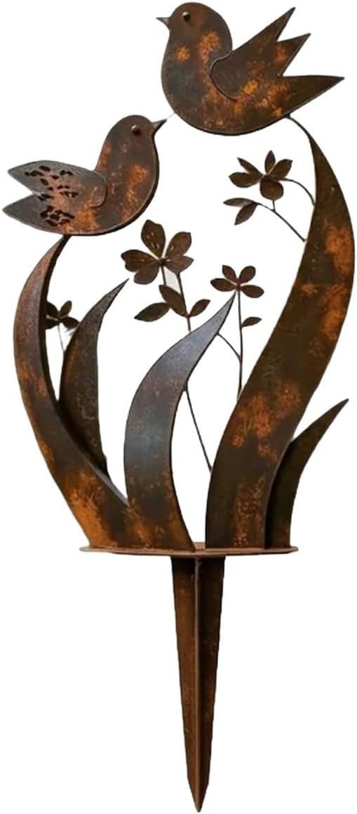 Bird & Wildflower Metal Garden Stake, Rustic Outdoor Decorative Stake, Weatherproof Metal Garden Art for Yard Lawn Patio Planters, Decorative Ornament Gift for Garden Lovers (1pcs)