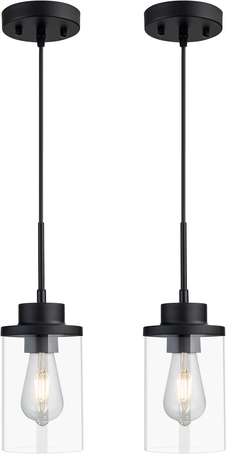 Black Farmhouse Clear Glass Cylinder Pendant Light, Modern Hanging Fixture | Matte Black Pendant Light, Clear Glass Shade Fixture for Kitchen Island Dining Room Bedroom Bar, Adjustable Height, 2 Pack