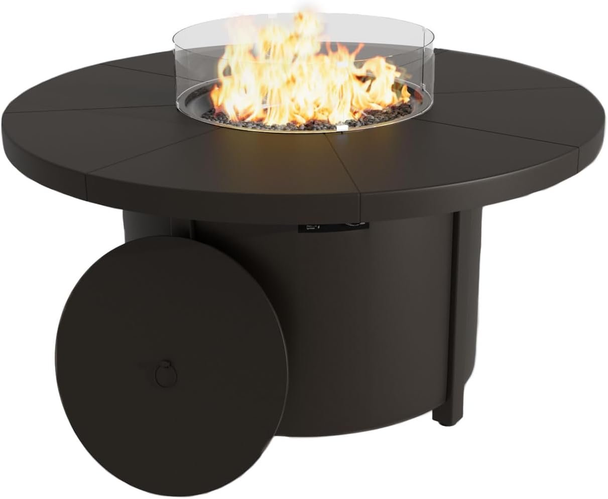 48″ Round Propane Fire Pit,Steel Tabletop Fire Pit w Lava Rocks,55000 BTU Auto-Ignition CSA Certified Gas Fire Pits with Lid & Windproof Glass for Outdoor,Patio,Backyard