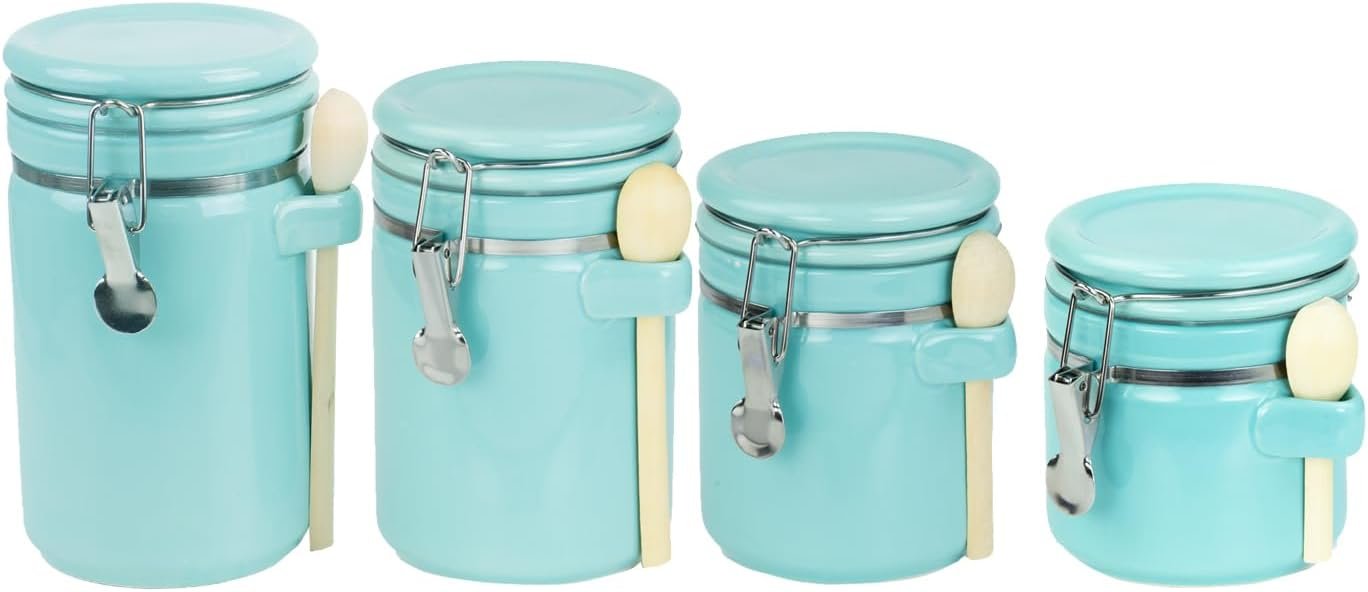 Canister Sets For The Kitchen (4 Piece) Turquoise, High Gloss Ceramic | By Home Basics | Decorative Set | With Wooden Spoons, Countertop For Flour, Sugar, Coffee, and Snacks