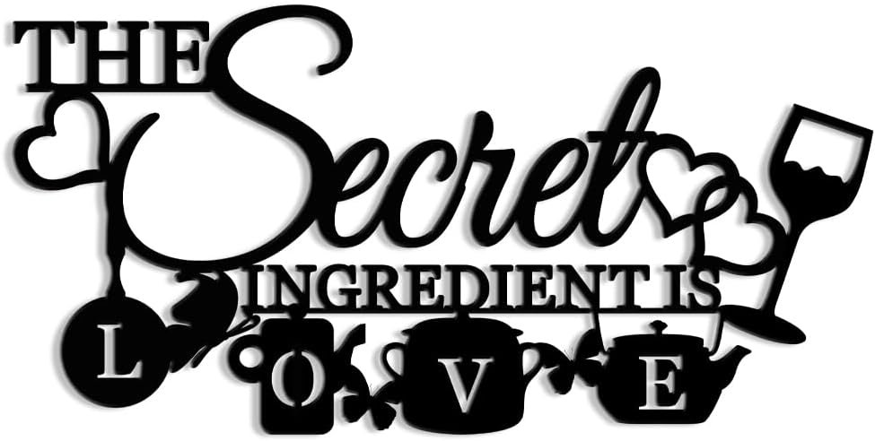 XORT The Secret Ingredient is Love Metal Wall Art Sign, Farmhouse Dining Room Kitchen Wall Decor Housewarming Gift Counter Pantry Sign (Black -16 x 8 inch)