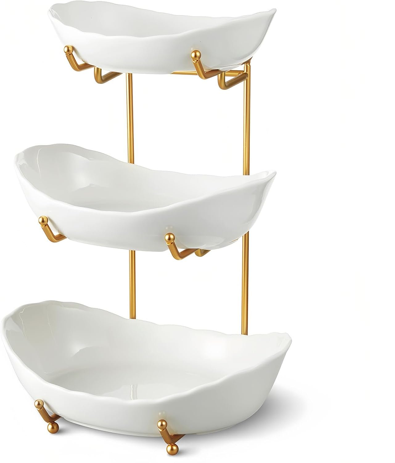 Ceramic Fruit Bowl for Kitchen Counter – 3 Tier Fruit Basket with Metal Stand, Tiered Fruit Stand for Countertop, Snack, Nuts, Cake, Dessert, Cute (Gold, Small) 1