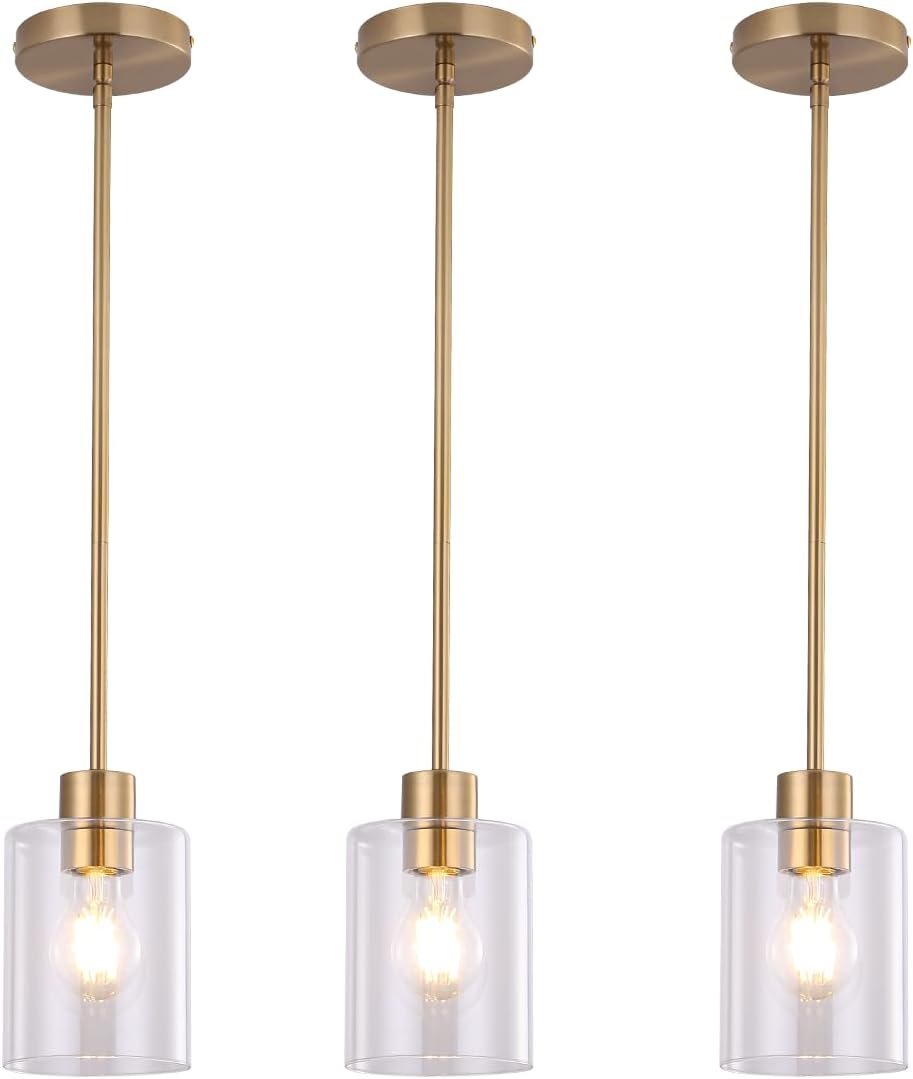 Brass Pendant Lights Kitchen Island – Gold Clear Glass Pendant Light Fixture Multiple Stems Rods 3 Units 12 Inch 3 Units 4 Inch (3 Pack Brass)