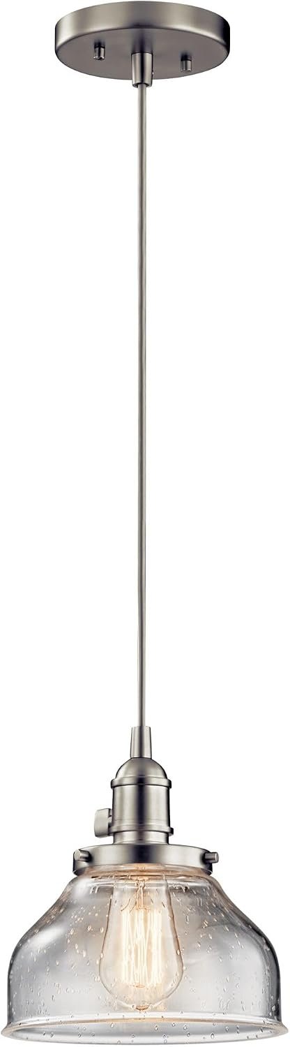 Kichler Avery 1-Light Bell Mini Pendant Light Fixture with Clear Seeded Glass in Brushed Nickel for Kitchen Island Lighting or Dining Room Hanging Lamp (8.5″ x 8″), 43850NI