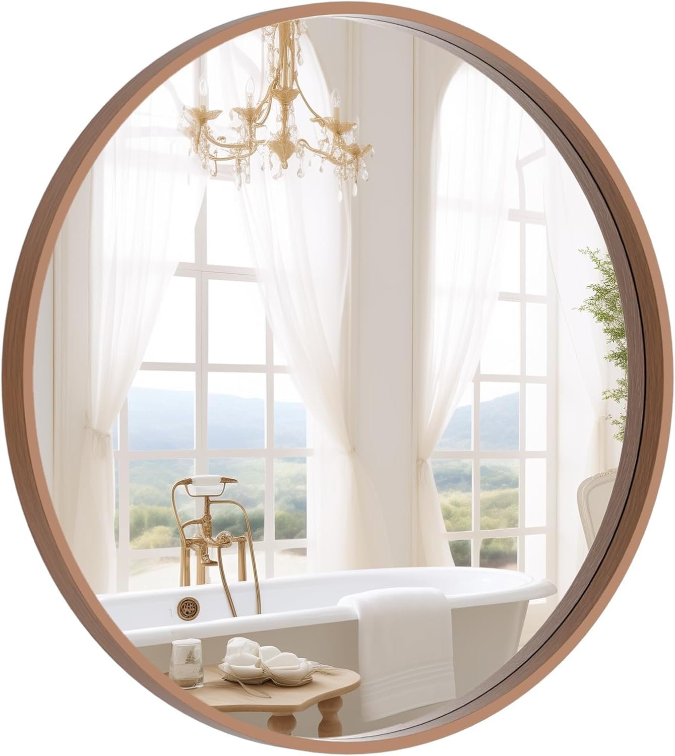 Wood Round Mirror with Wood Frame 24 inch Circle Wall Mirror for Bathroom Round Wall Mirror for Wall Decor, Vanity, Entryway Living Room (Walnut)