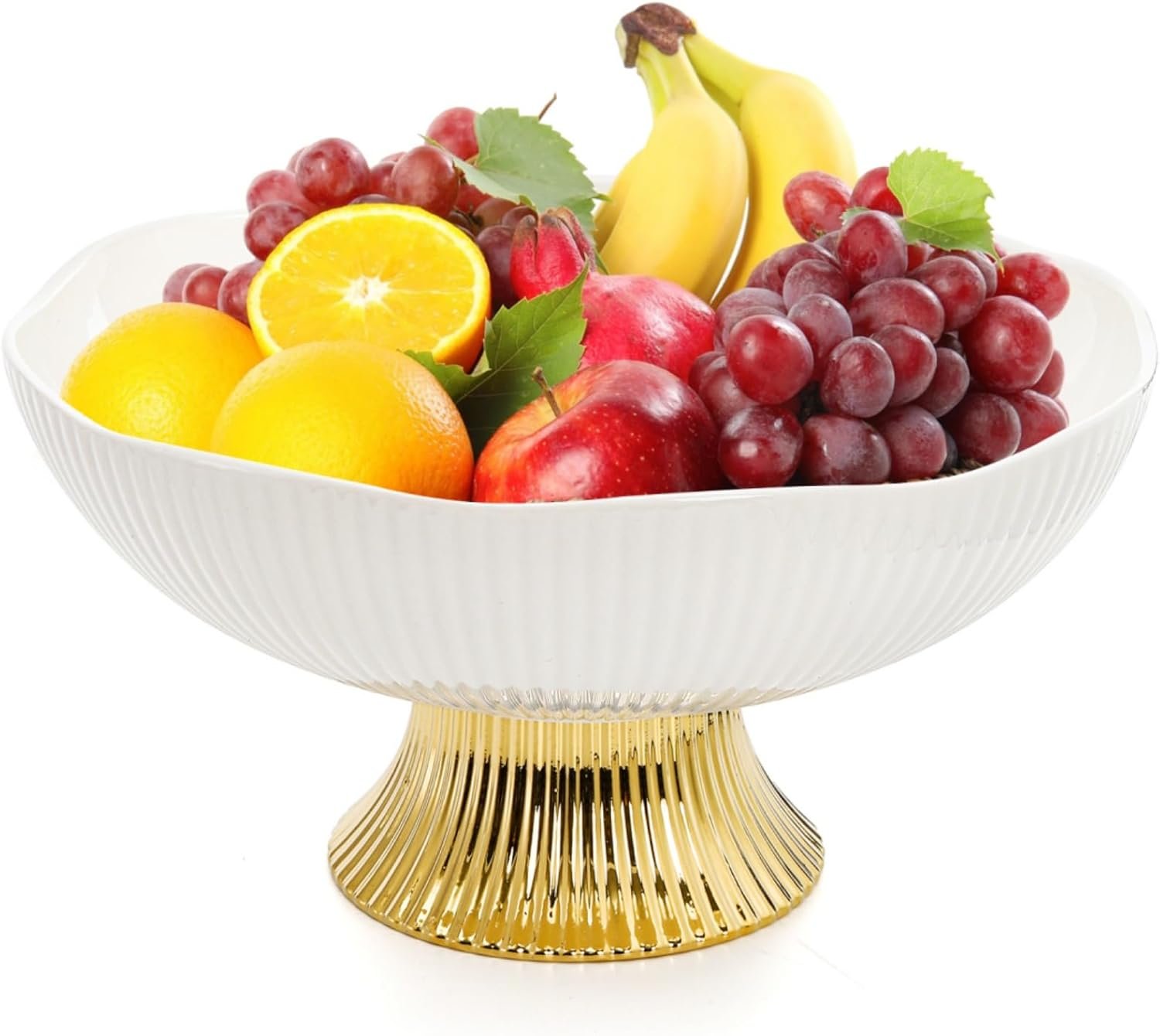 ZAVOOS Ceramic Fruit Bowl, 10 Inch Decorative Pedestal Bowl with Golden Feet, Elegant Modern Footed Vegetable Basket for Kitchen Counter, Dining Table, Home Decor
