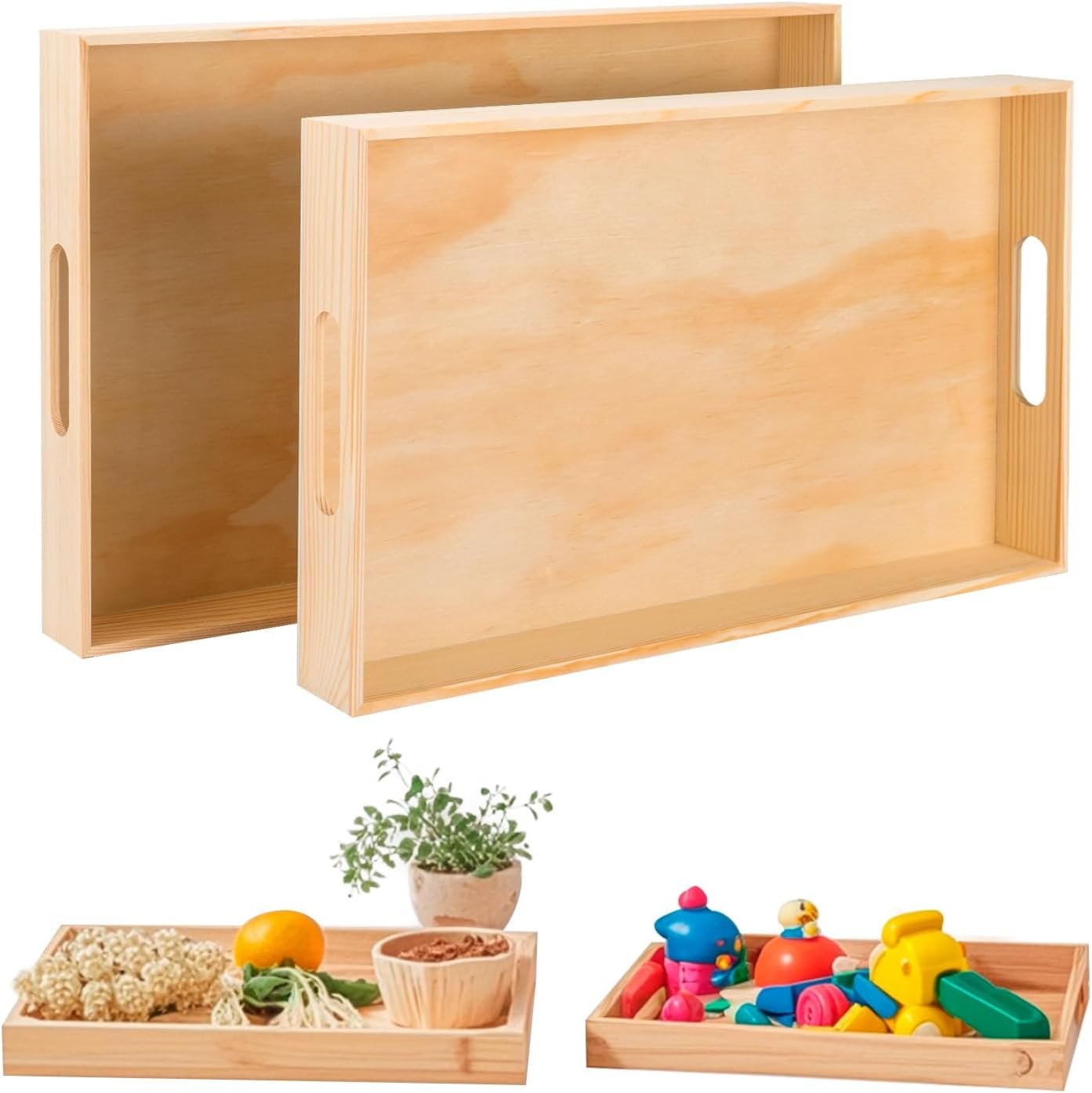 Wooden Serving Trays with Handle – 2 Pieces Unfinished Wood Nested Breakfast Food Serving Trays for Craft Kids Montessori Snacks Home Decor Kitchen Party Dinner