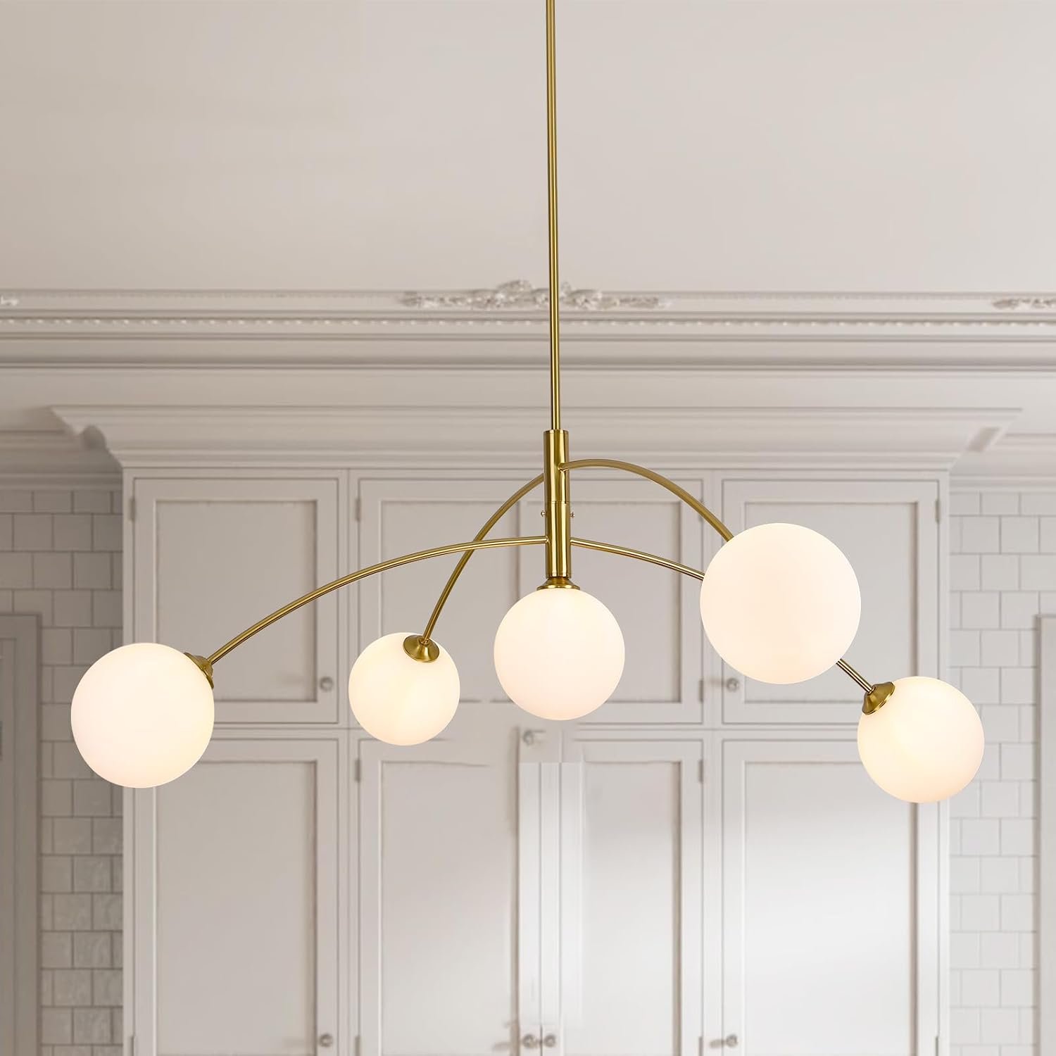 Gold Modern Chandelier 5-Light Glass Globe Ceiling Light Fixtures Mid Century Modern Sputnik Chandelier for Dining Room Kitchen Island Bedroom Living Room 41.3IN Diameter