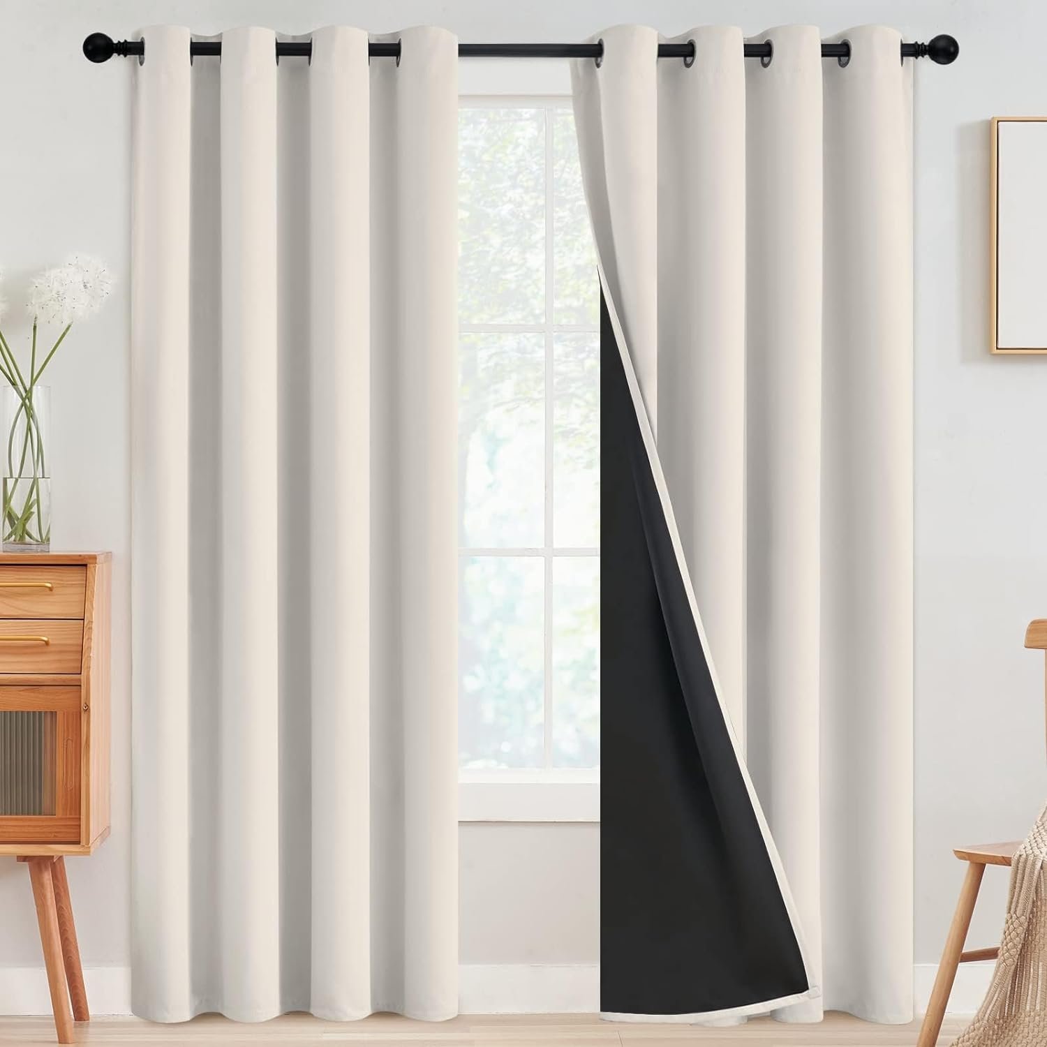SimpleHome Cream 100% Blackout Curtains Room Darkening Living Room 84 Inch | Curtains for Bedroom,Thermal Insulated Grommet Window Drapes,Curtains for Living Room with Black Back,52 x 84 Inch,2 Panels