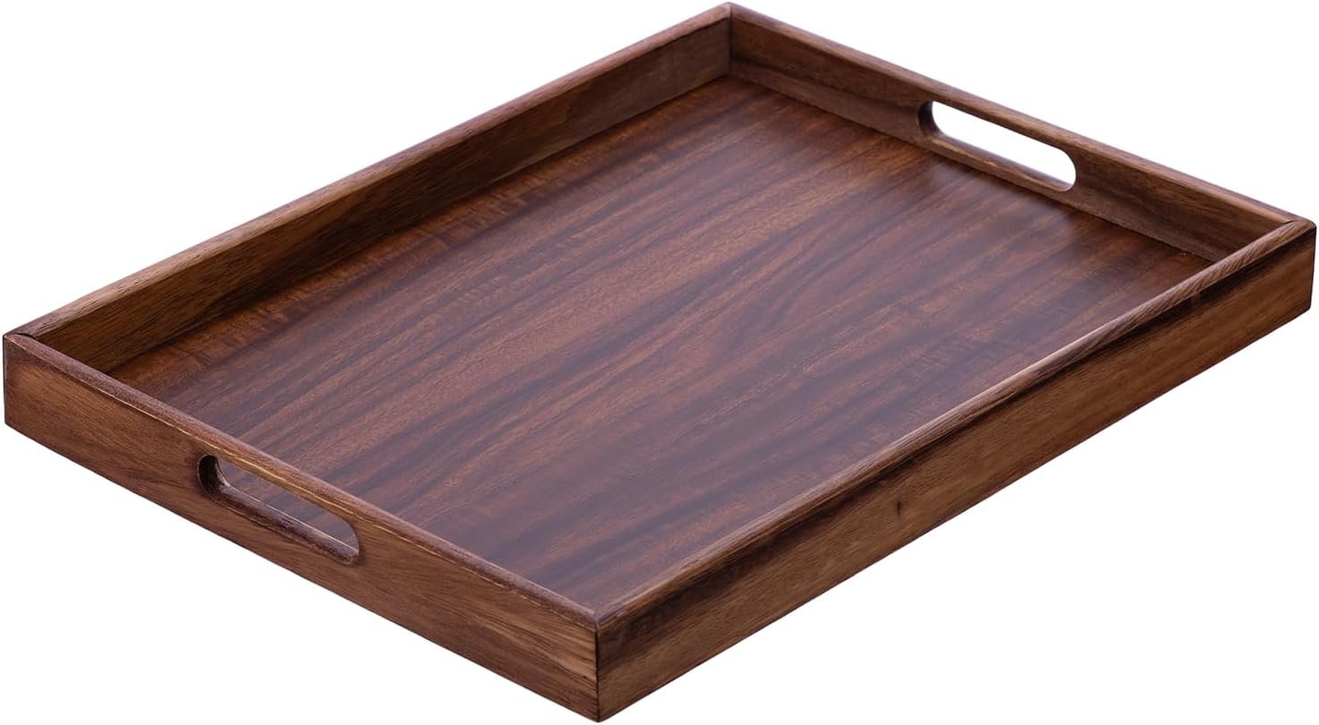 Wooden Serving Tray with Handles, Wood Decorative Trays for Coffee Table Tray, Rectangular Food Trays for Party Platters, Breakfast in Bed, Couch, Ottoman, Dinner, Appetizers, Decor(15.7×11.8×1.6)