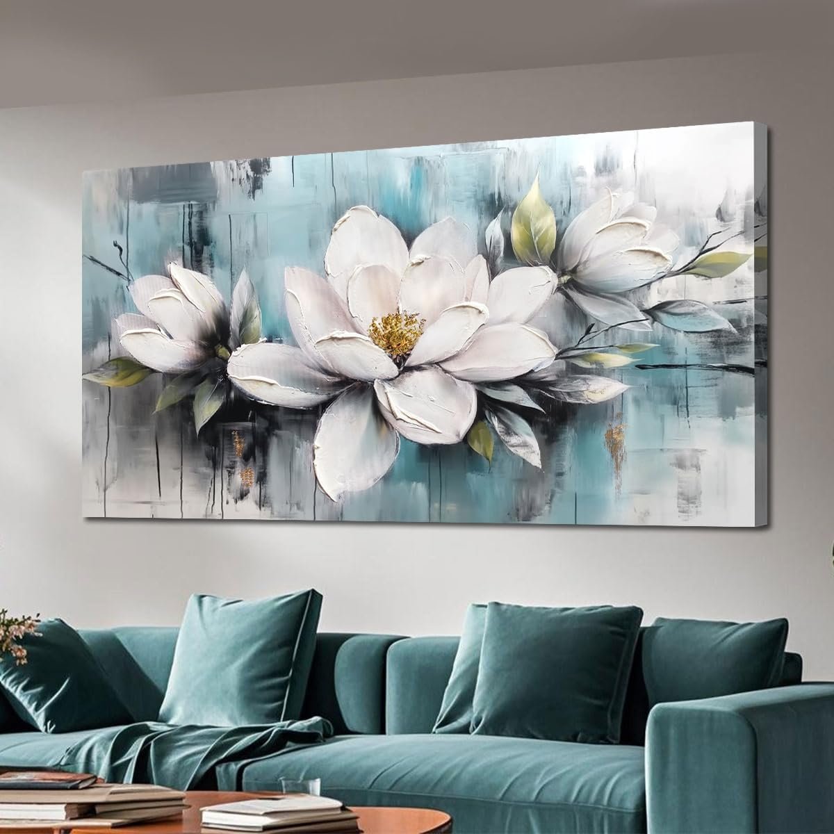 Ardemy Magnolia Wall Art for Living Room, Teal Large White Floral Canvas Wall Art Bedroom Painting Textured Picture Wall Decor Flower Artwork for Home Office Dining Room 40″x20″