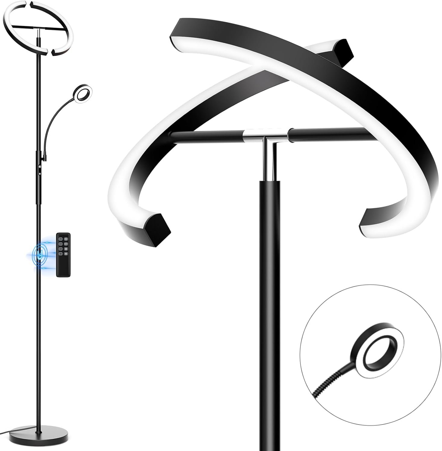 LED Floor Lamp for Living Room – Modern Standing Lamp with Reading Light, Remote Touch Control Floor Light Dimmable Mother-Daughter Tall Bedroom Lamp for Couch Office, 29W, Black