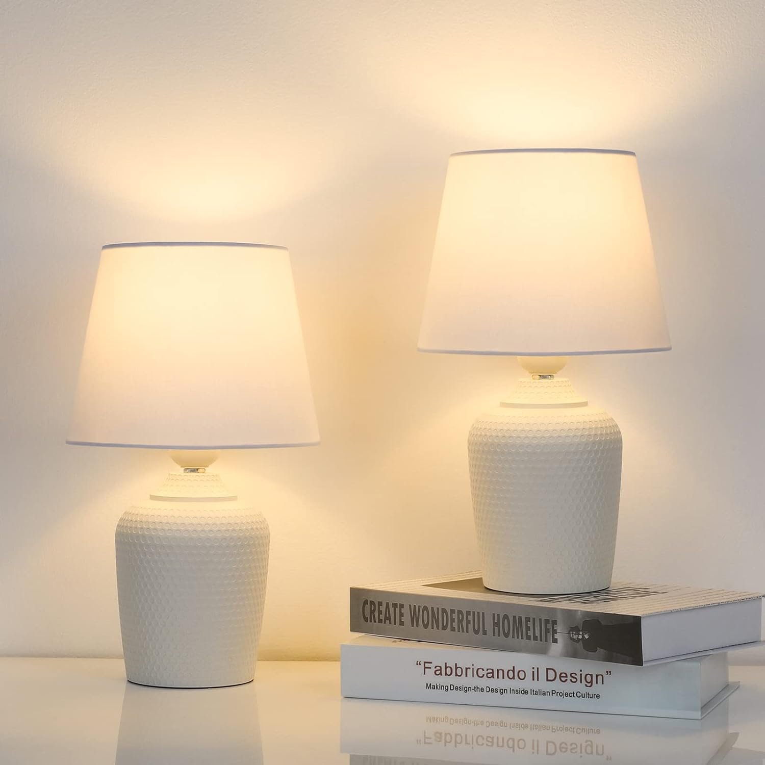 11.8’’ Small Table Lamps Set of 2 for Bedroom Kid’s Room Home Office, White | Cute & Unique, Perfect for Bedside Nightstand Desk Nursery Reading, Fabric Shade