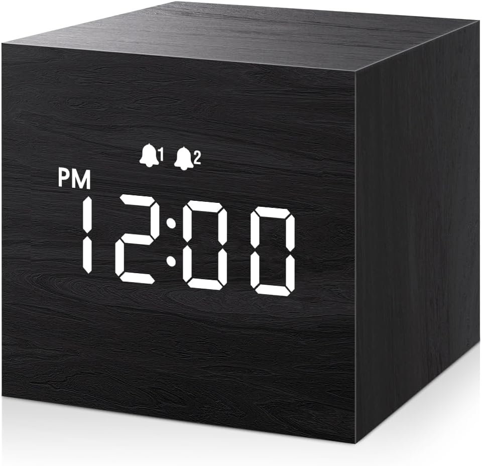 JALL Digital Alarm Clock, with Wooden Electronic LED Time Display, 3 Alarm, 2.5-inch Cubic Small Mini Wood Made Electric Clocks for Bedroom, Bedside, Desk, Black