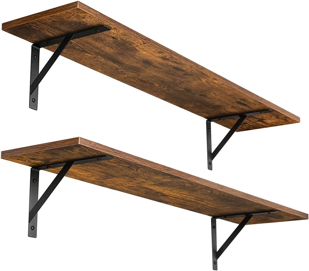 Long Wall Shelves, 31.5″ Wall Mounted Shelves with Metal Brackets | Floating Book Shelves, Set of 2, Easy Assembly, Max Load 22lbs, Wooden Wall Storage Ledges for Bathroom/Bedroom, Rustic Brown