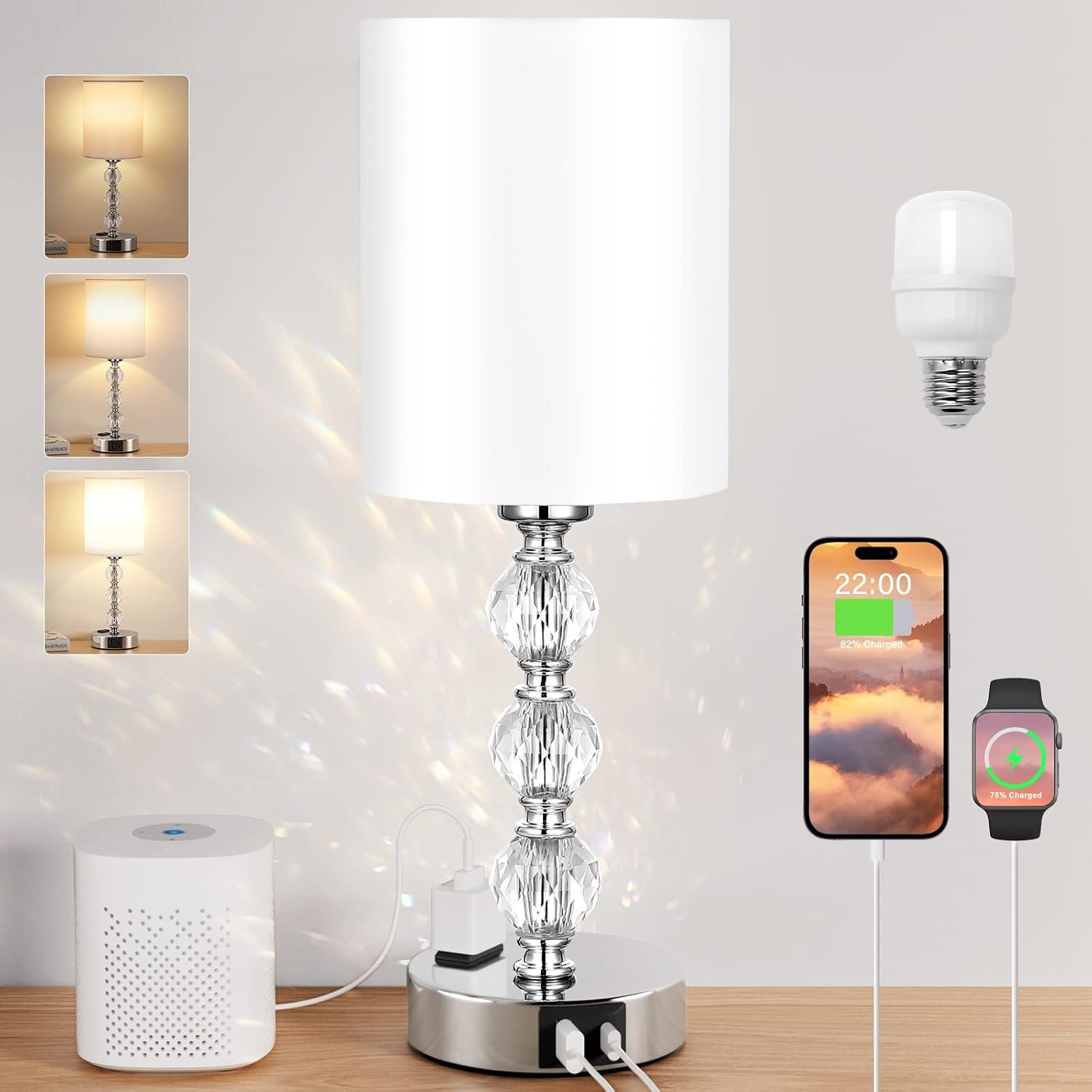Crystal Touch Lamps for Nightstand, 3 Way Dimmable with Charging Station | Silver Lamp for Nightstand, USB-C+A & AC Outlet, Small Table Lamp for Bedside, Bedroom, Night stands, Dorm, Bulb Included