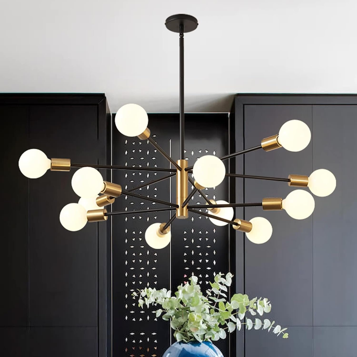 RUIYEY Modern Chandelier Ceiling Light Fixture – 33.4″ 12-Light Gold and Black Sputnik Chandeliers, Height Adjustable Industrial Farmhouse Pendant Lighting for Dining Room, Living Room, Kitchen Island