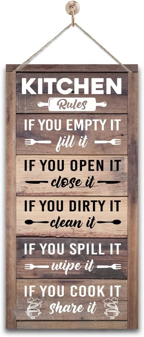 Kitchen Rules Sign – Rustic Farmhouse Kitchen Decor – Vintage Wooden Wall Art for Country/Western Kitchens, Ready to Hang