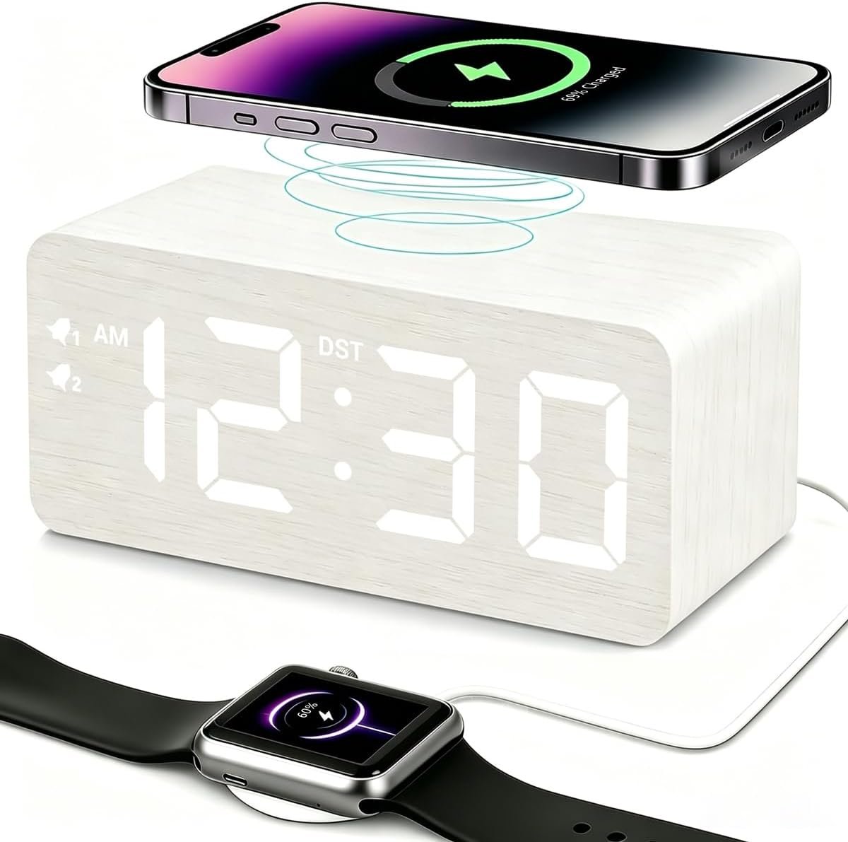 URAYCO Wooden Digital Alarm Clock, 10W Fast Wireless Charger Station & 2 USB Charging Ports, with 0~99% Dimmer, Dual Alarm, Weekday/Weekend Mode, Wood LED Clock for Bedroom, Desk, Office
