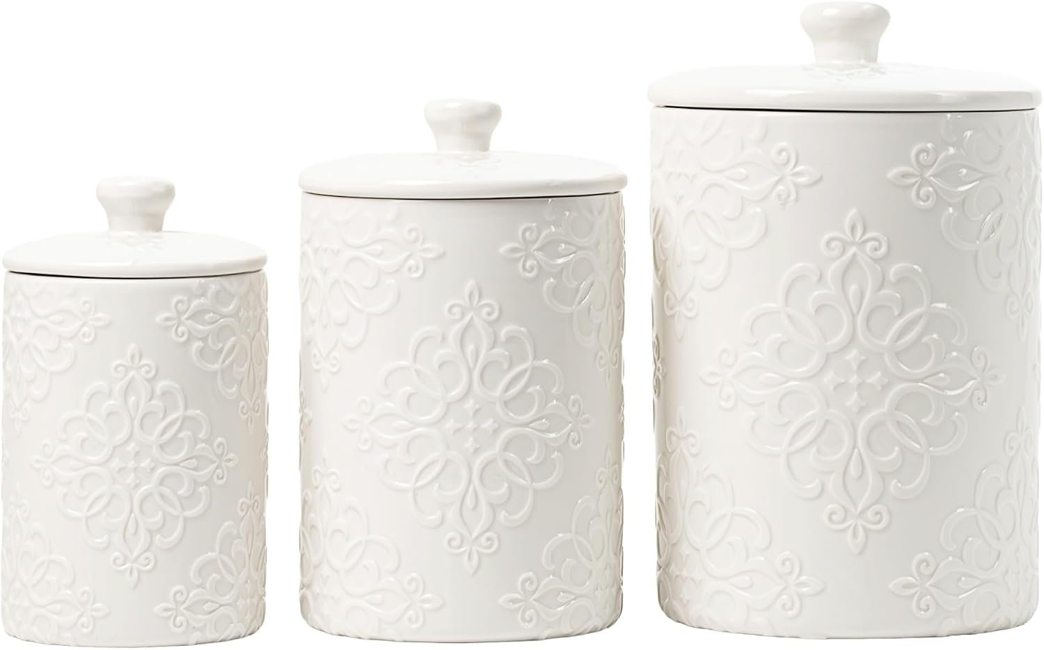 10 Strawberry Street Embossed Ceramic Kitchen Canister Set, Set of 3, Stamp White