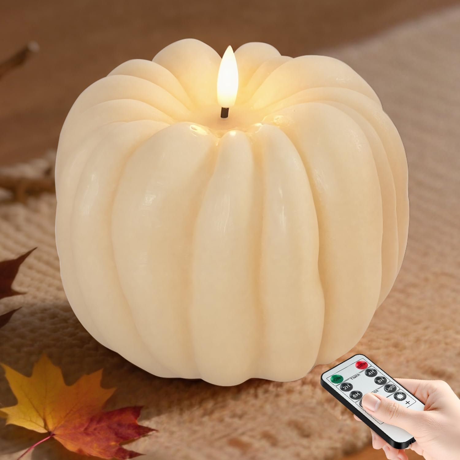 Flameless Pumpkin Candles with Timer – Fall Home Decor Indoor, LED Light Up Pumpkins for Mantel Table | Flameless Candle Thanksgiving Fall Decoration, Autumn Farmhouse Rustic Harvest Decor (White)