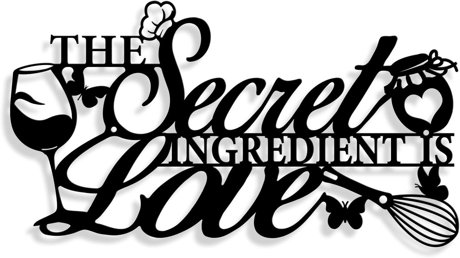 The Secret Ingredient is Love Metal Wall Art Sign for Kitchen, 8.8”x16” | Farmhouse Kitchen Wall Decor Housewarming Gift Counter Pantry Sign Black Words Decor for Dining Room Bedroom