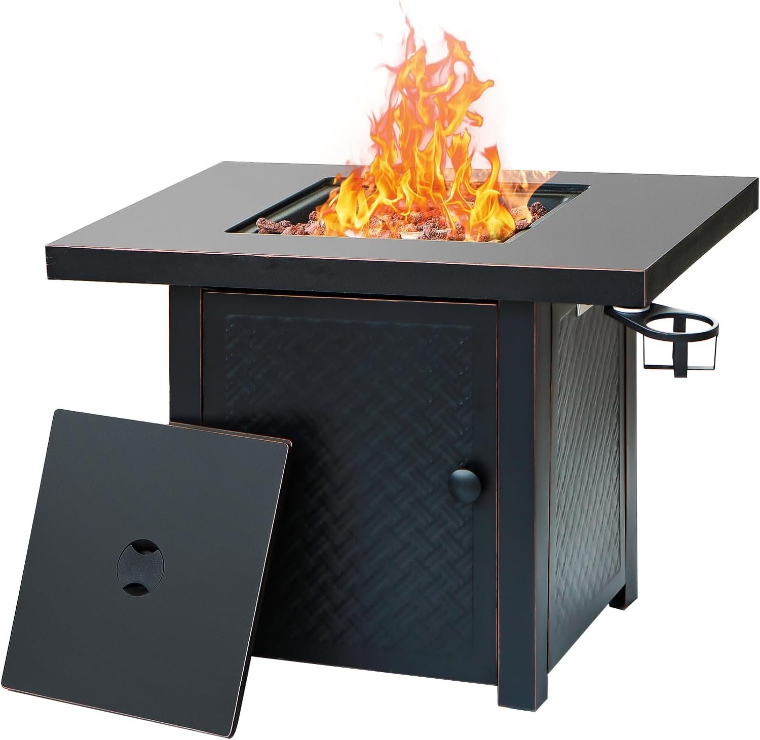 Verdeluxe 32” Propane Fire Pit with 2 Drink Holders 50000 BTU | Gas Firepit Table with Lid & Lava Rock,Outdoor Fire Pit Table for Dining Party,Propane Firepits for Outside,Patio,Yard