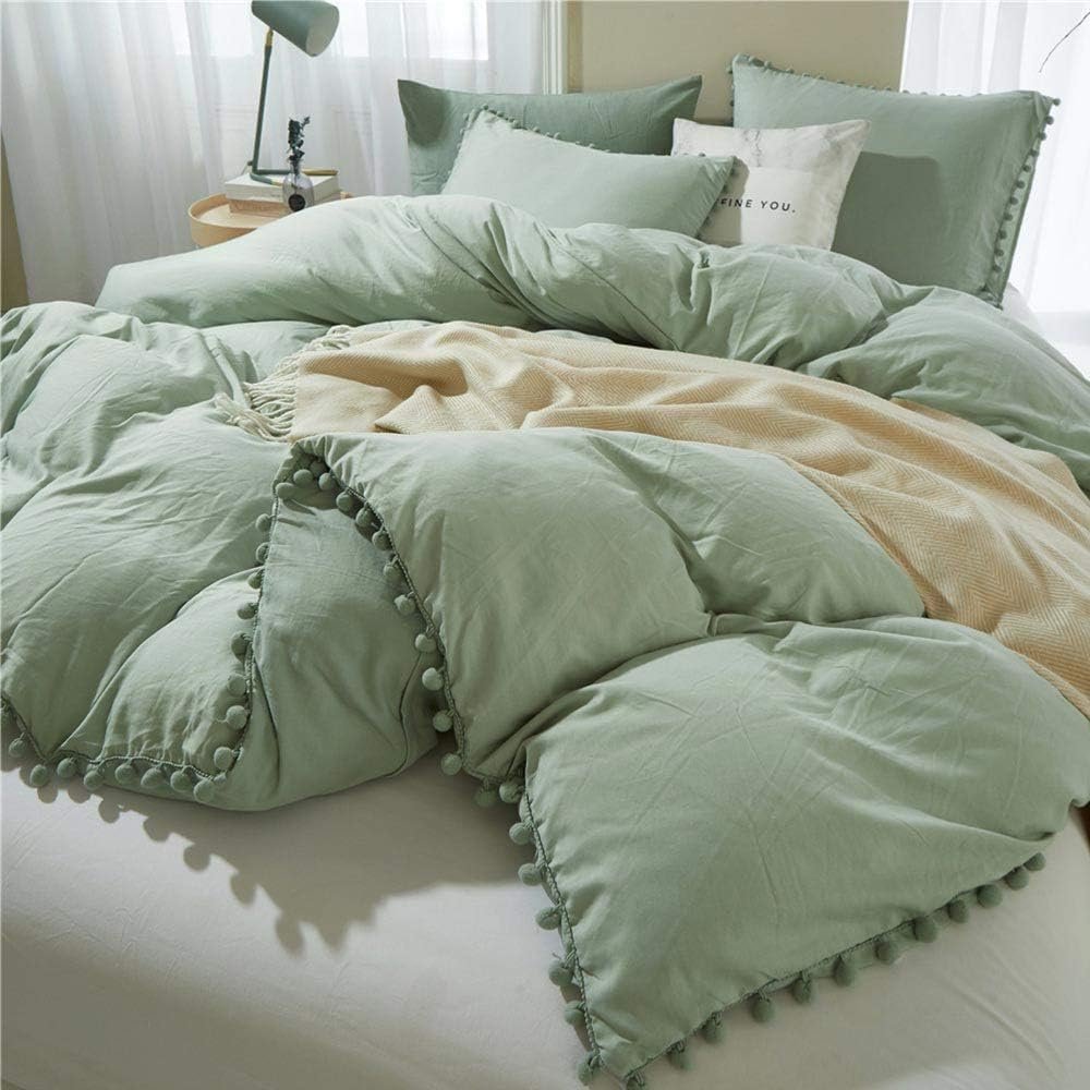 ETDIFFE Sage Green Boho Duvet Cover Set Queen Size, 3 Piece, 90×90 Inch | Bohemian Pompom Microfiber Bed Comforter Cover Set, Farmhouse Soft & Lightweight Bedding Quilt Cover
