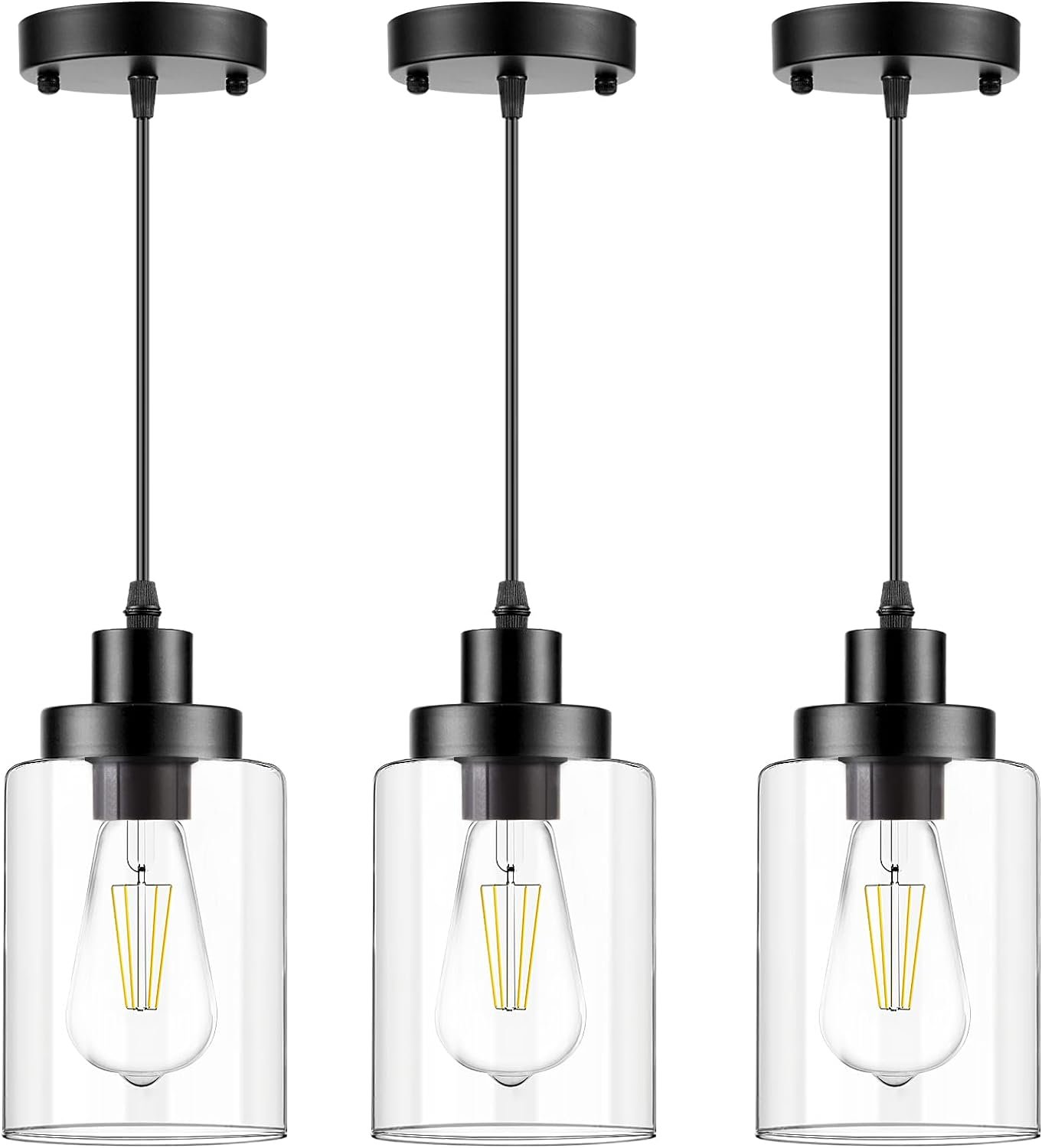 WimiSom Industrial Pendant Lighting, Modern Clear Glass Shade Farmhouse Adjustable Hanging Light Fixtures for Kitchen Island Living Room Bedroom Hallway, 3-Pack