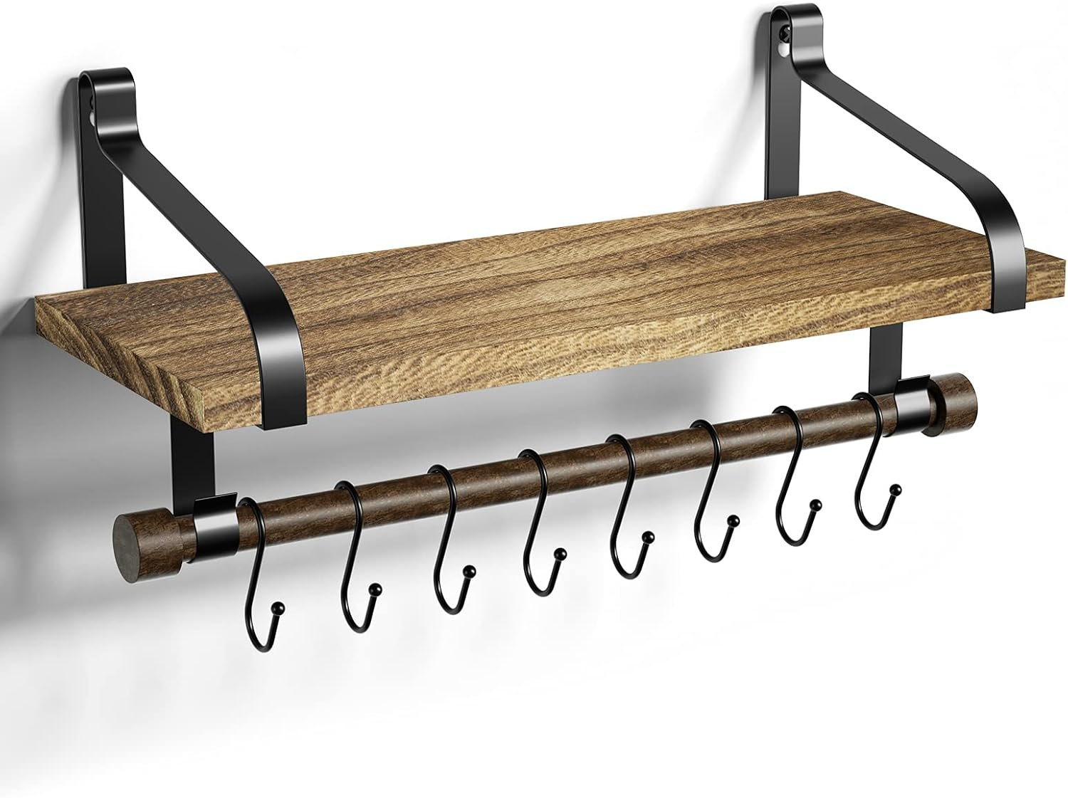 Love-KANKEI 17.3″Floating Wall Shelf Solid Wood,Coffee Bar Carbonized Black | Spice Rack,Towel Bar/8 Hooks,40 Lbs/shelf,Easy to Install,For Kitchen,Bathroom,Living Room,Bedroom,Office,Entryway Display