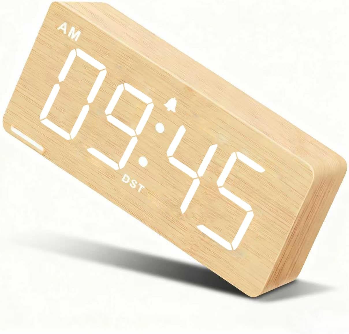 Wooden Digital Alarm Clock for Bedroom – Large Digital Desk Clock for Living Room and Office, Loud Alarm Clock for Adult Sleepers with Volume Control, Dimmer, and Wooden Decor (Bamboo)