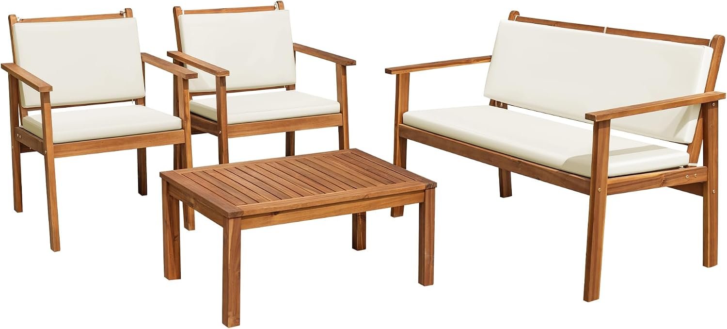 Flamaker Outdoor Patio Furniture Set 4-Piece Acacia Wood Patio Set, Natural | Teak Patio Furniture Sets with A Table & Beige Cushions, Weather-Resistant Wood Outdoor Furniture for Deck, Balcony, Backyard