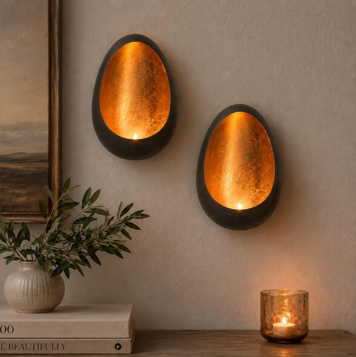 Ember Metal Wall Candle Sconce Set of Two Wall Candle Holders – Set of 2 Handcrafted Decorative Tea Light Sconces for Living Room Gold Tea Holder