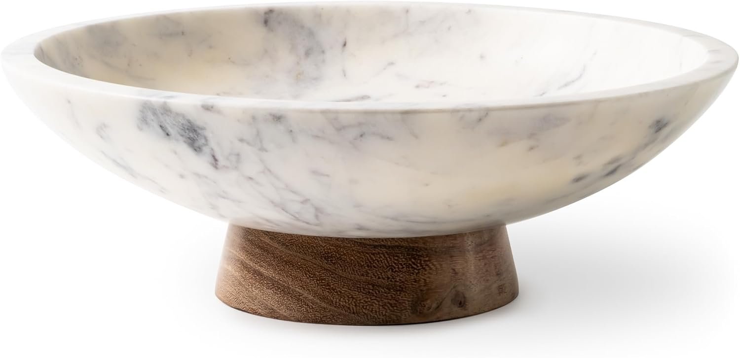 Cork & Mill Marble Decorative Bowl with Acacia Wood Pedestal, 11 Inch | Handcrafted Natural Stone Fruit Bowl for Kitchen, Potpourri, Catch All for Entryway, Dining Table Centerpiece Decor