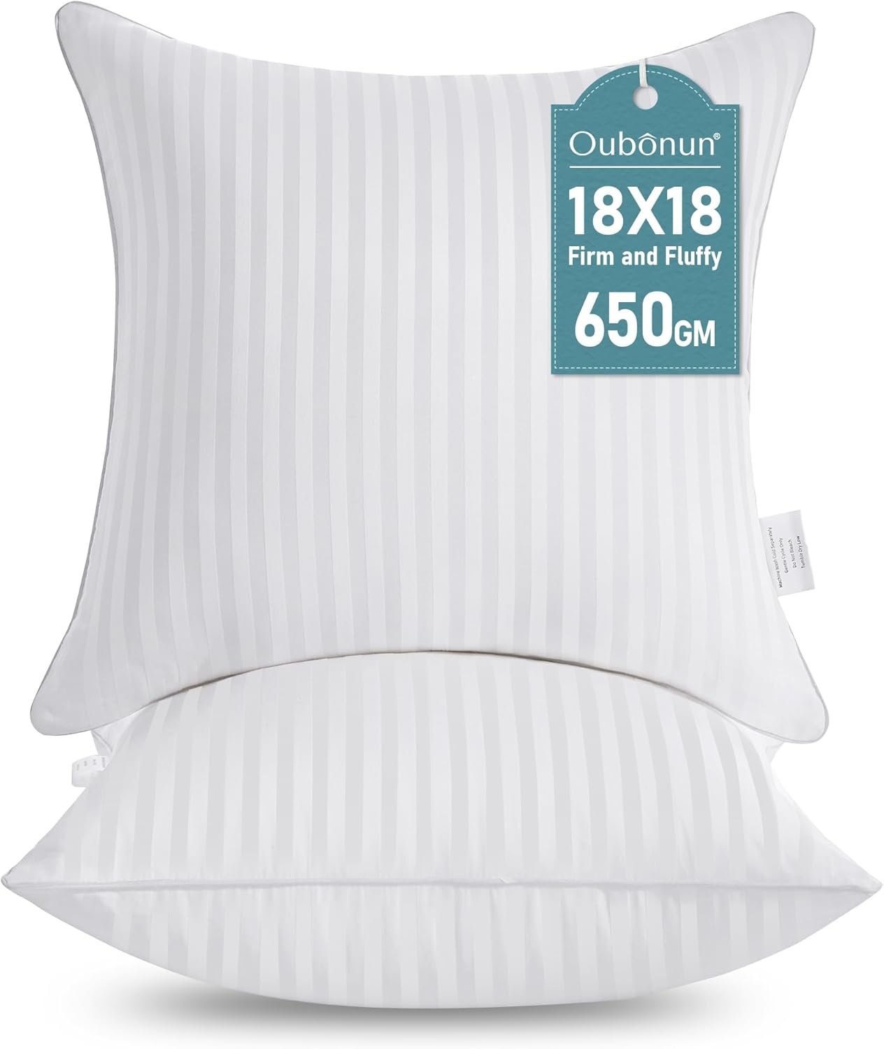 Oubonun 18 x 18 Throw Pillow Inserts Set of 2 | Firm and Fluffy Decorative Square Pillows for Couch Bed Sofa with Soft Cotton Cover White Cushion with Down Alternative