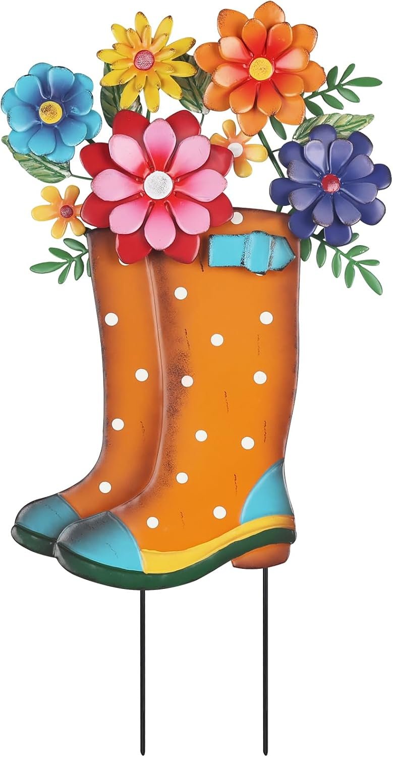 Garden Decor for Outside, 26” Decorative Garden Stakes Metal Boot with Flowers for Spring Decor, Yard Art Stakes for Outdoor Lawn Backyard Porch Pathway Garden Decorations