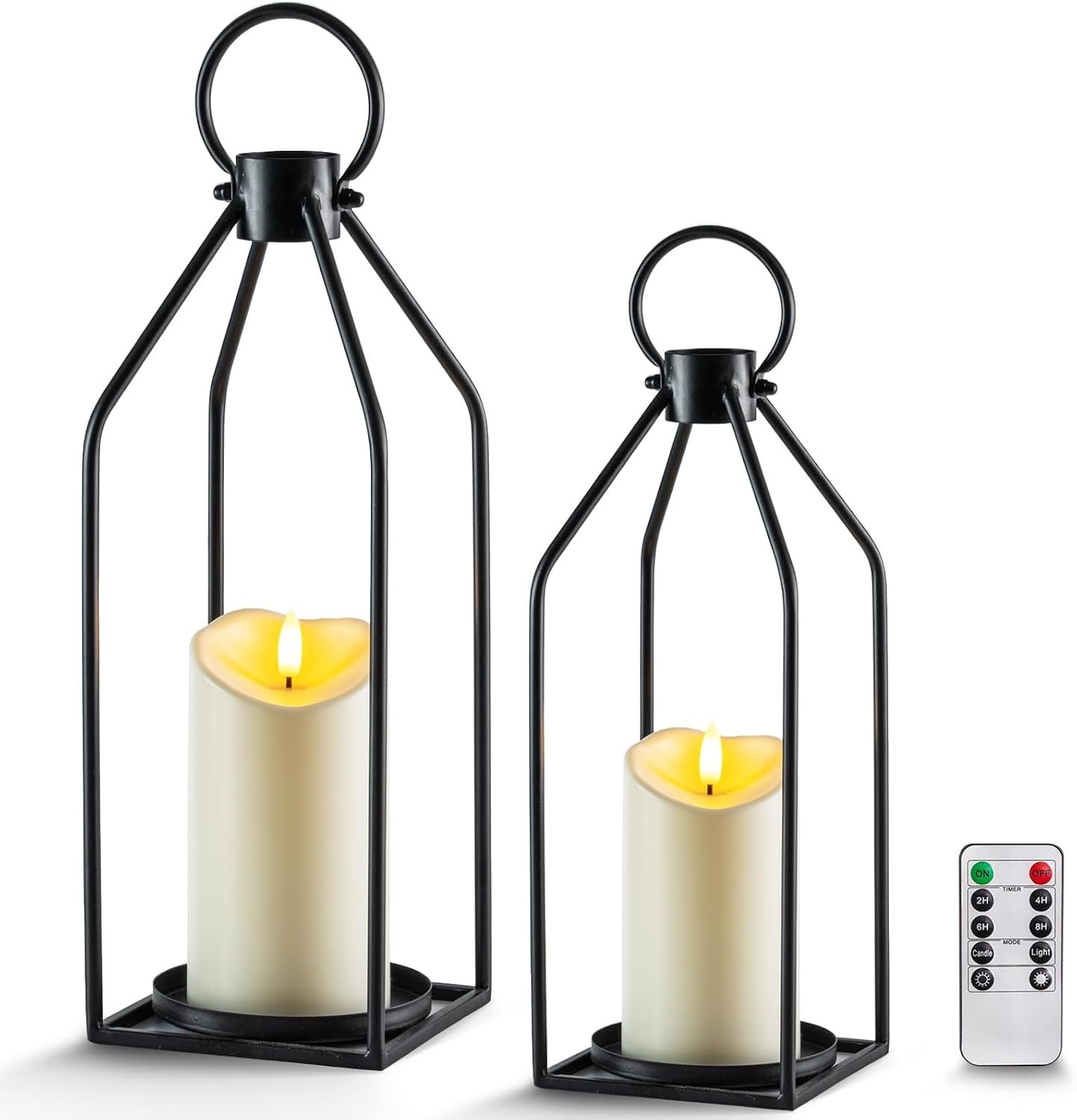 Homemory Modern Farmhouse Black Metal Lanterns 2PCS with Flameless Candle | Waterproof Lantern Design Outdoor Indoor, Ideal for Fall, Halloween, Christmas, Living Room, Patio, Porch, Tabletop Decor