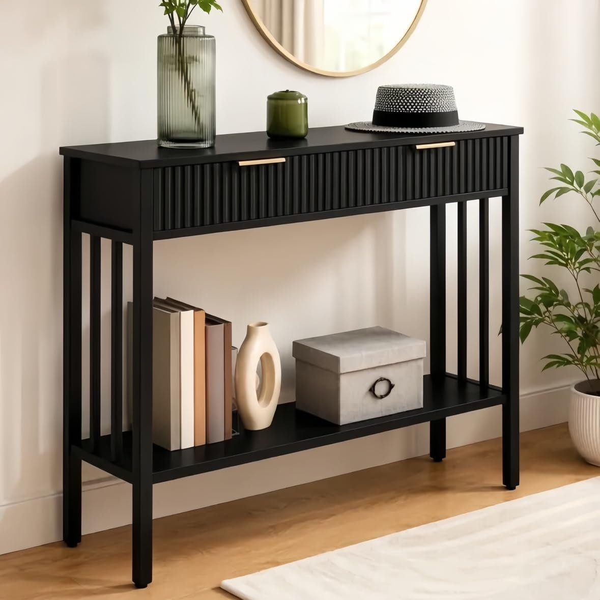 MAHANCRIS 39.4″ Console Table with 2 Drawers, Fluted Black Entryway Table | Narrow Long Entry Table with Storage Shelf, Sofa Table for Entryway, Living Room, Foyer, Hallway, Office, Black CTHB5101