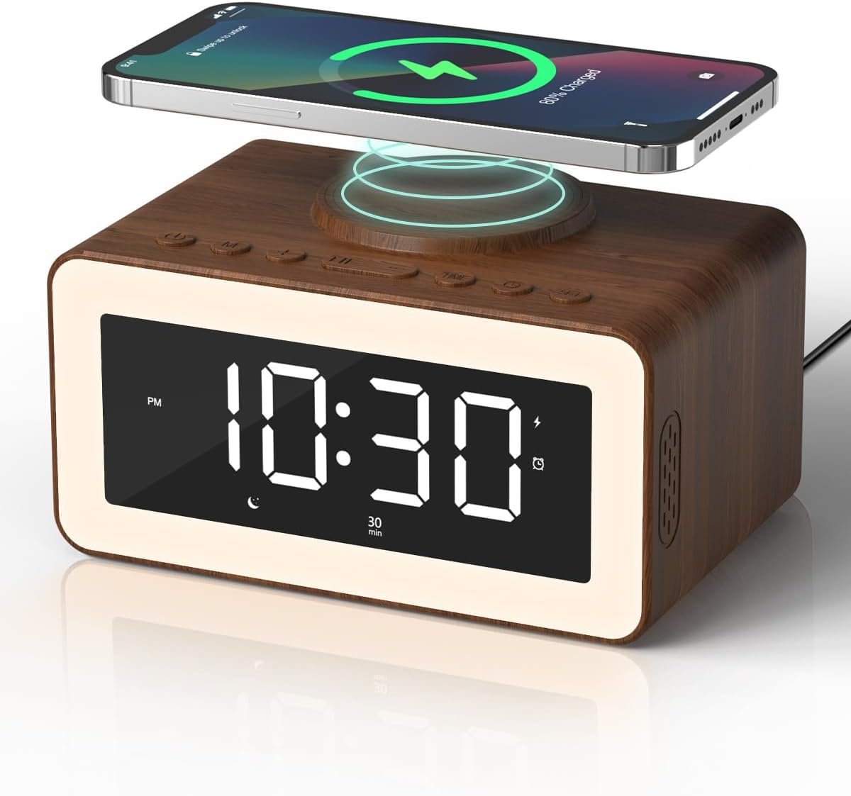 Alarm Clock for Bedroom, Wireless Charging, Bluetooth Speaker Sound Machine | Night Light, White/Brown Noise Sound Machine for Sleep, Wood-Grain Digital Clock Vintage Decor, Birthday Gifts for Men, Women