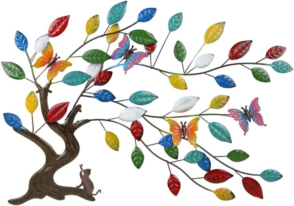 dreamskip Tree of Life Metal Wall Art, 23″ Outdoor Large Tree Wall Sculpture with Colorful Leaves and Butteflies, Metal Outdoor Garden Decor for Patio, Fence, Yard, Living Room, Bedroom