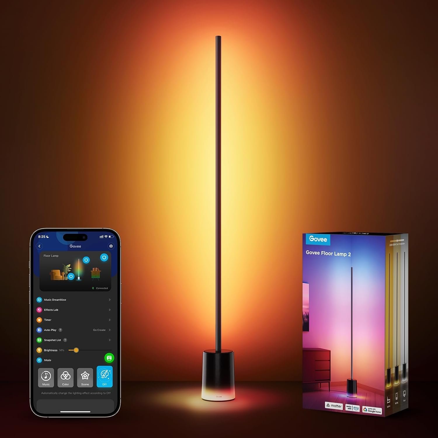 Govee Floor Lamp 2, RGBIC Smart Floor Lamp for Living Room, Bedroom | 1725lm, Warm Cool White LED, 2200K-6500K, Compatible with SmartThings, Matter, Alexa, Music Sync, Scene Modes, Black(1 Pack)