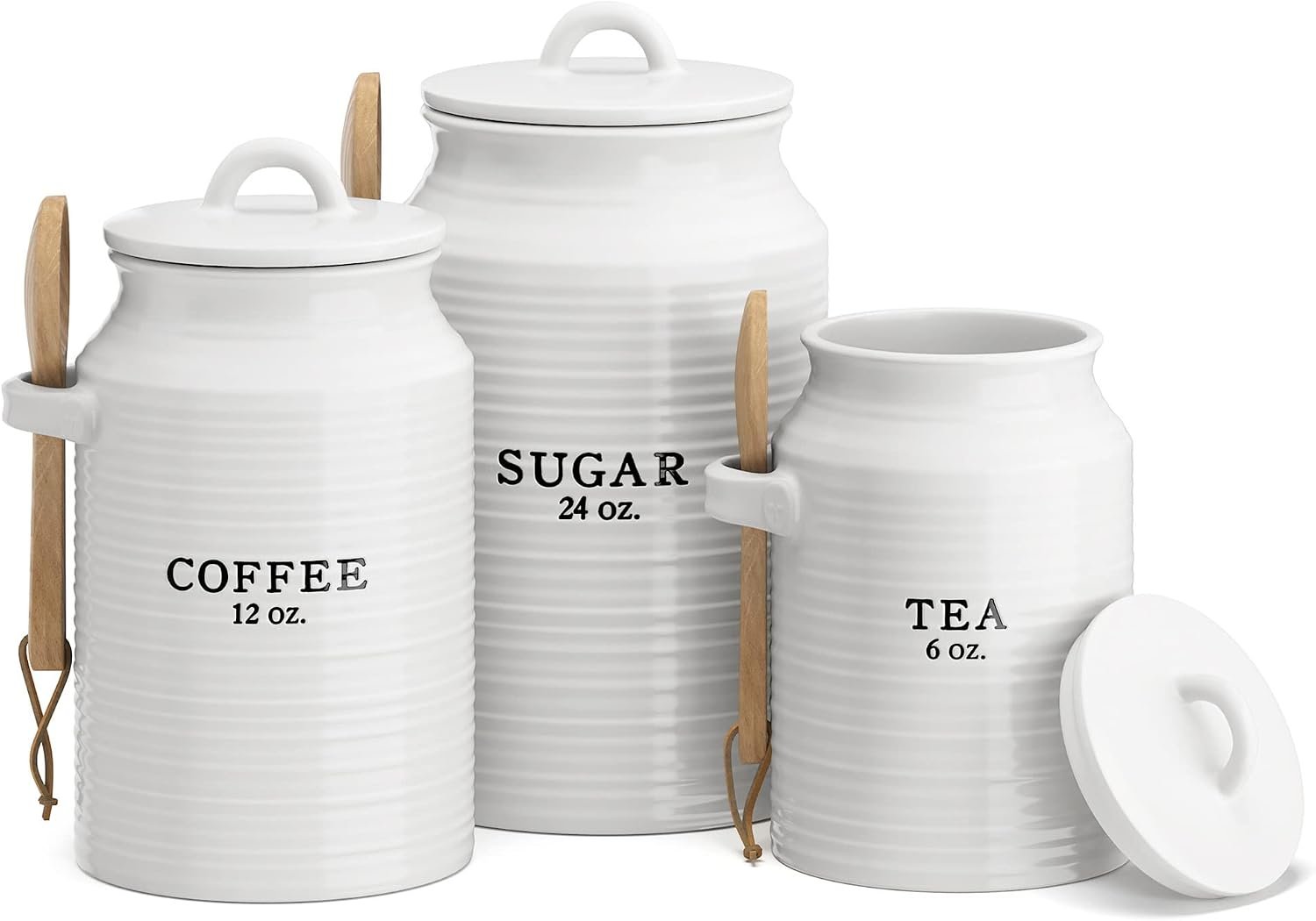 Barnyard Designs Ceramic Kitchen Canister Set White (Coffee/Sugar/Tea) | Set of 3 Decorative Rustic Farmhouse Ceramic Jars with Lids; Countertop Storage for Baking, Pantry, or Snacks