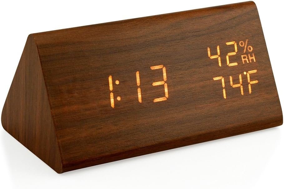 OCT17 Wooden Alarm Clock, Smart LED Digital Clock for Bedroom/desks, Upgraded with Time Temperature, Adjustable Brightness and Voice Control, Humidity Displaying – Brown