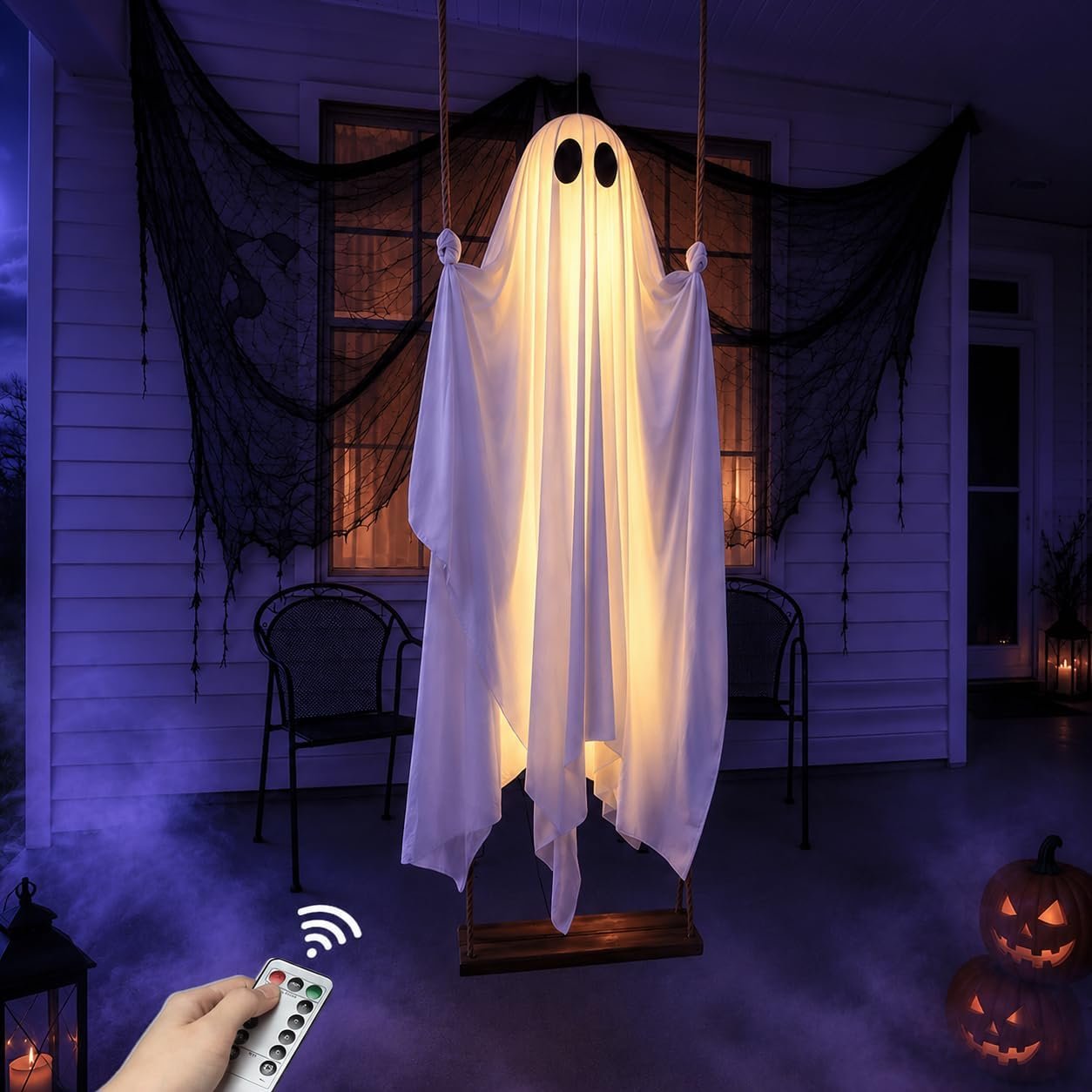 Halloween Decorations Outdoor – 5FT Large Hanging Ghost Swing with Remote Control String Lights & Upgraded Sheet, Scary Ghost Halloween Party Decor Outside for Tree Porch Yard Garden Lawn