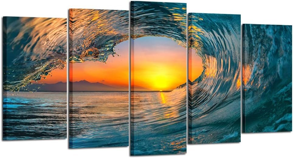 KREATIVE ARTS Large 5 Piece Sea Waves Wall Art Modern Framed Giclee Canvas Prints Seascape Artwork Ocean Beach Pictures Paintings on Canvas for Living Room Home Office Decor (Large Size 60x32inch)